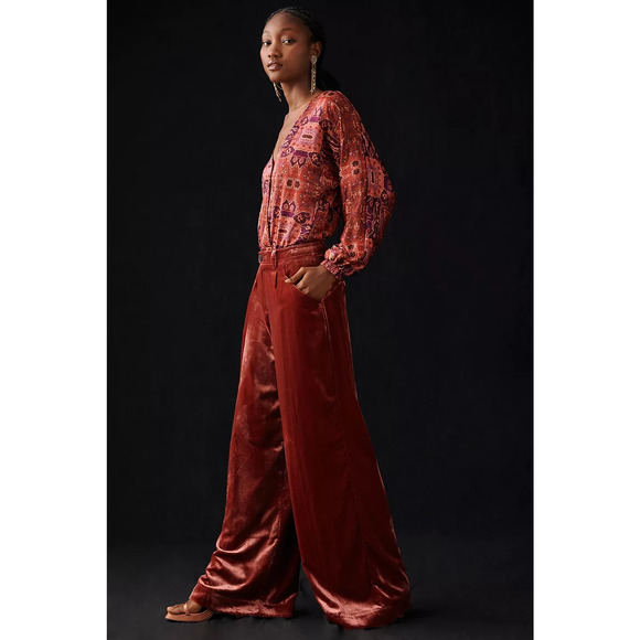 New By Anthropologie Wide-Leg Velvet Trousers $148 SIZE 6T Wine - Picture 4 of 5
